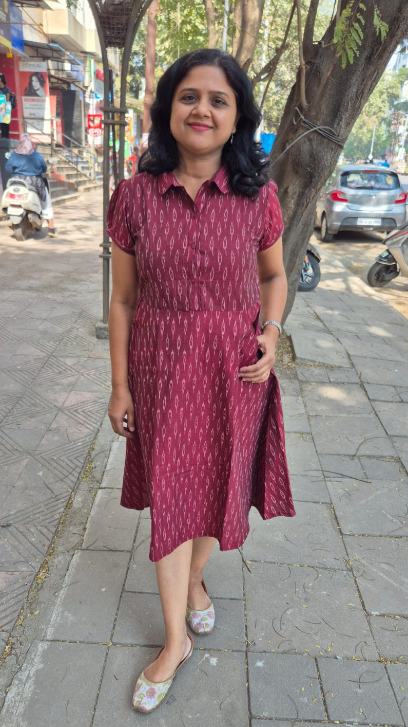 Wine Handloom Ikkat Fully Openable One Piece