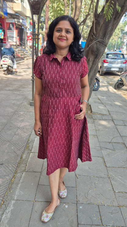 Wine Handloom Ikkat Fully Openable One Piece