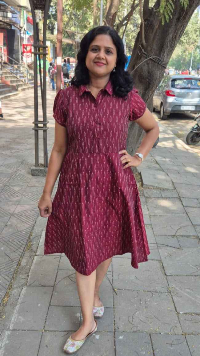 Wine Handloom Ikkat Fully Openable One Piece