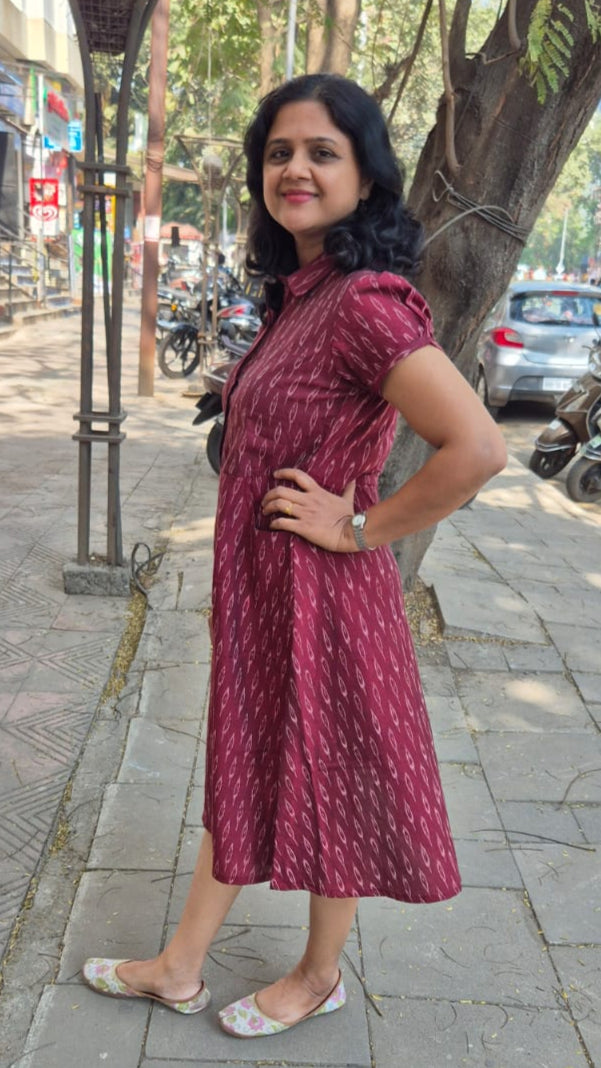 Wine Handloom Ikkat Fully Openable One Piece