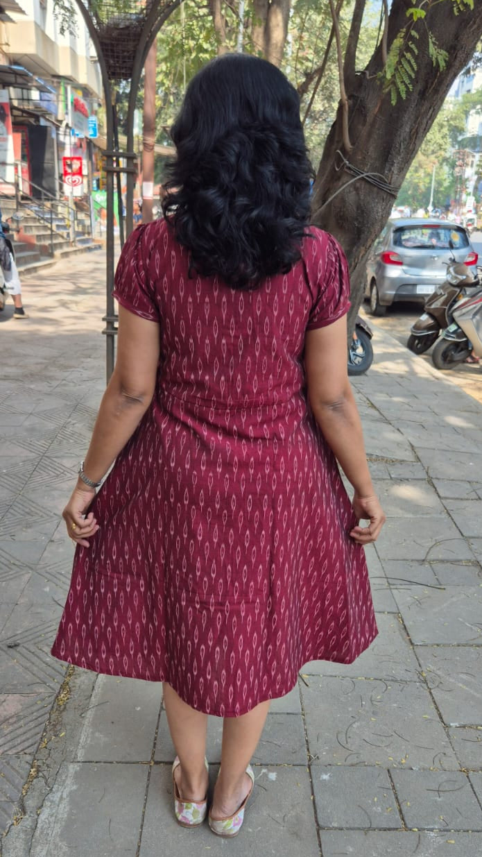 Wine Handloom Ikkat Fully Openable One Piece