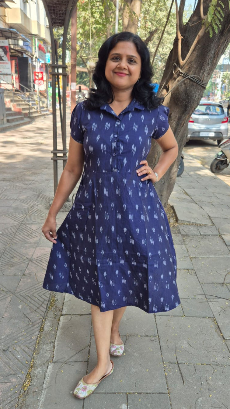 Navy Blue Handloom Ikkat Fully Openable One Piece