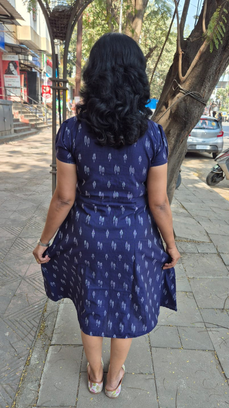 Navy Blue Handloom Ikkat Fully Openable One Piece