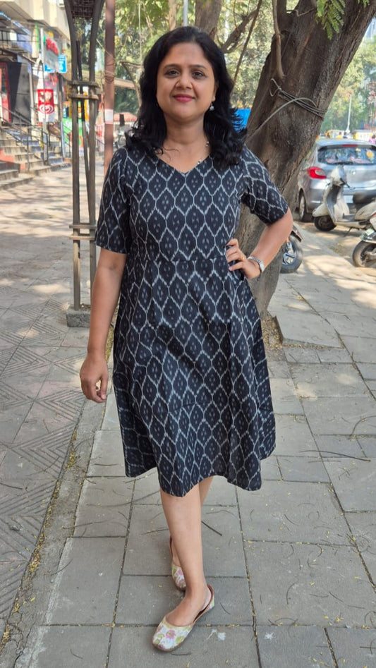 Black Handloom Ikkat A Line One Piece