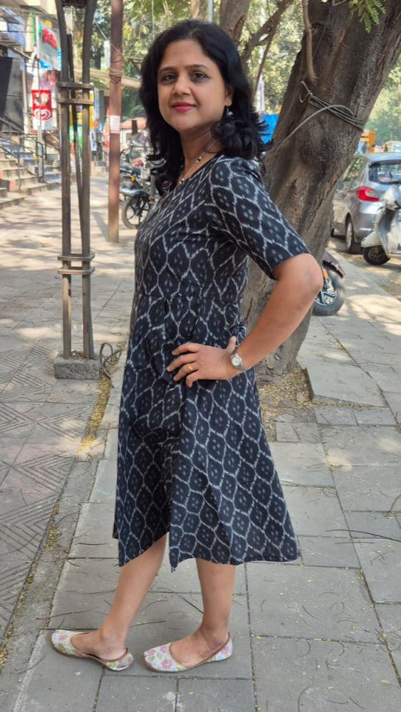Black Handloom Ikkat A Line One Piece