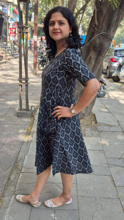 Black Handloom Ikkat A Line One Piece