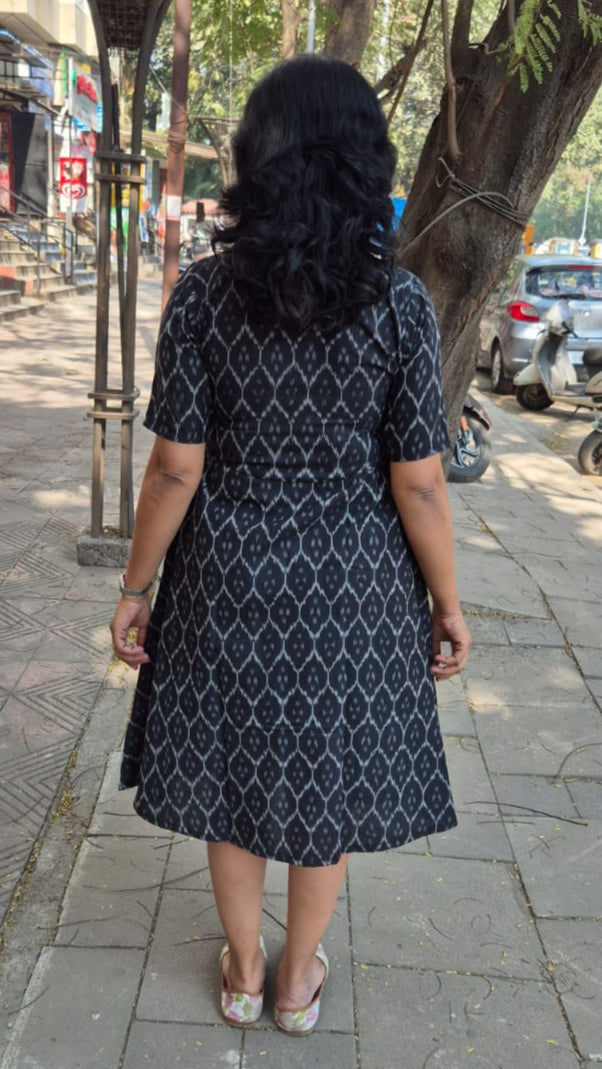 Black Handloom Ikkat A Line One Piece
