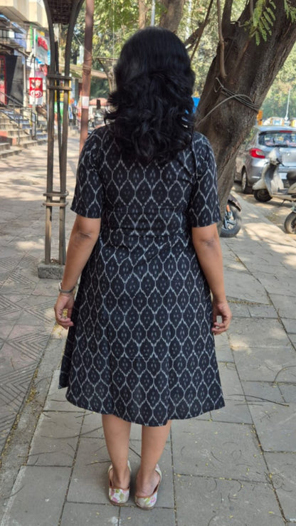 Black Handloom Ikkat A Line One Piece