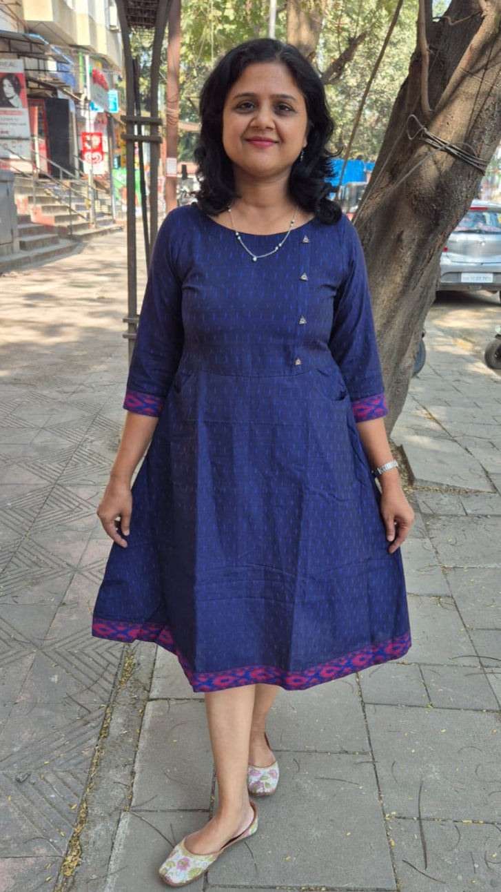 Navy Blue Handloom Ikkat Sleeved A line One Piece