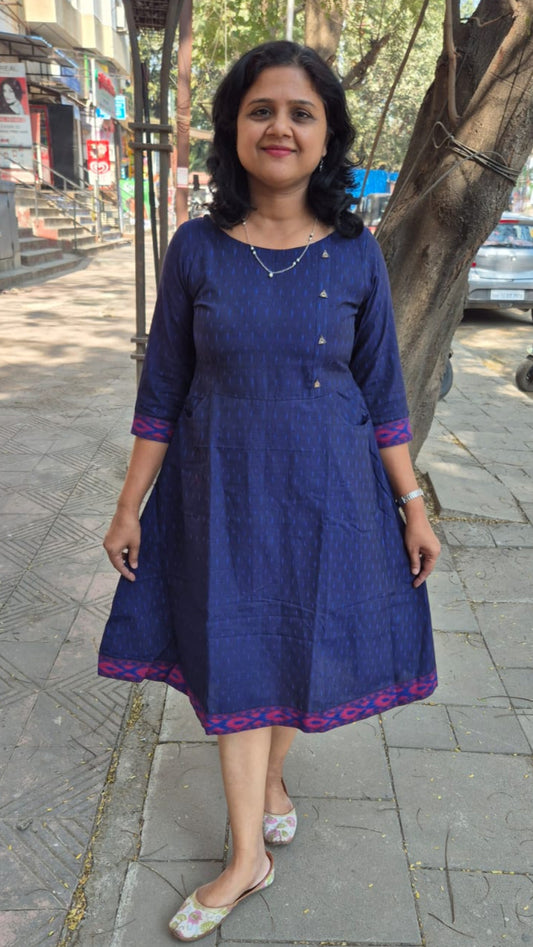 Navy Blue Handloom Ikkat Sleeved A line One Piece