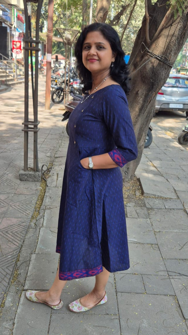 Navy Blue Handloom Ikkat Sleeved A line One Piece