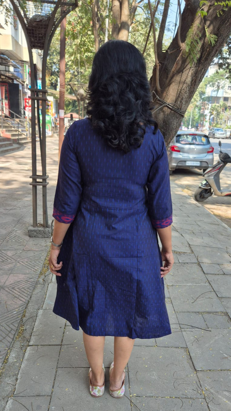 Navy Blue Handloom Ikkat Sleeved A line One Piece