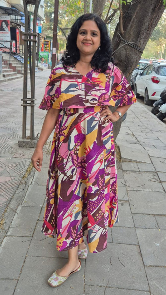 Purple Pure Cotton Long One Piece with Cape