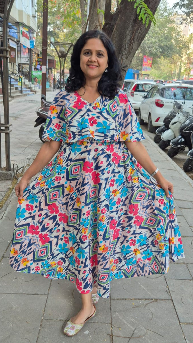 Sky Blue Pure Cotton Long One Piece with Cape