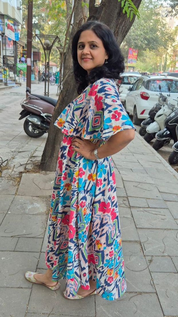 Sky Blue Pure Cotton Long One Piece with Cape