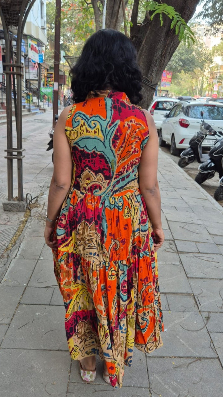Orange Pure Cotton Layered Long One Piece