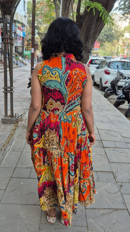 Orange Pure Cotton Layered Long One Piece