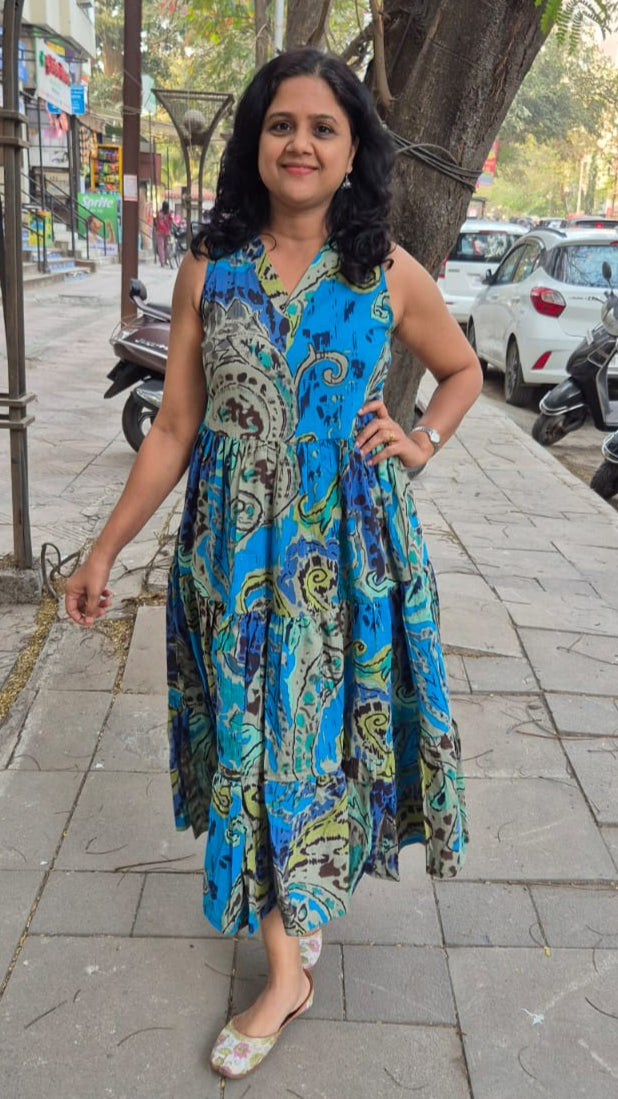 Blue Pure Cotton Layered Long One Piece