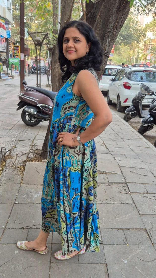 Blue Pure Cotton Layered Long One Piece