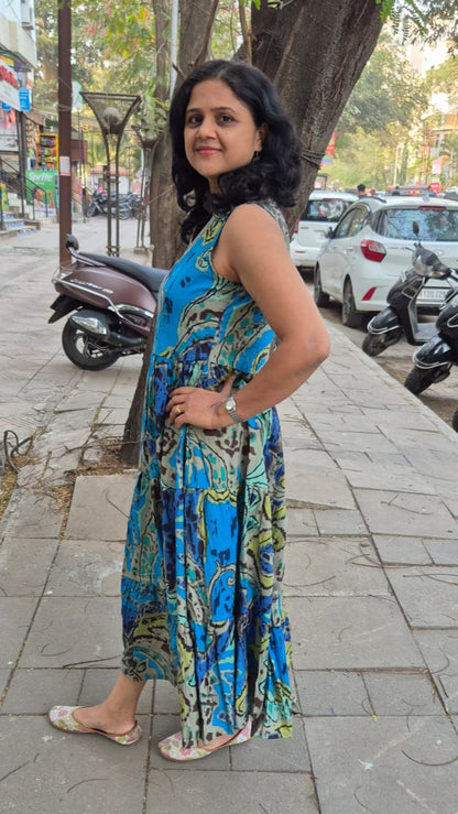 Blue Pure Cotton Layered Long One Piece