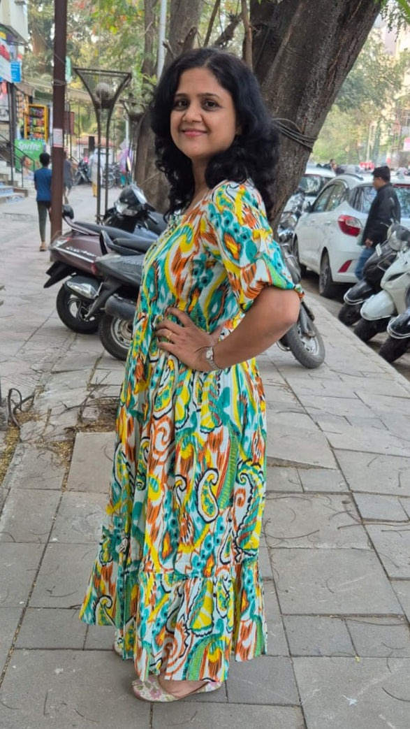 Pista Green Pure Cotton Layered Long One Piece