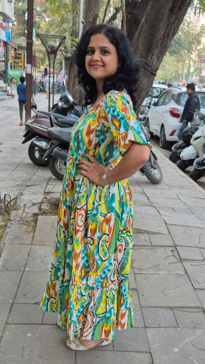 Pista Green Pure Cotton Layered Long One Piece