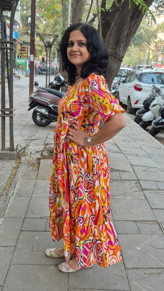 Orange Pure Cotton Layered Long One Piece