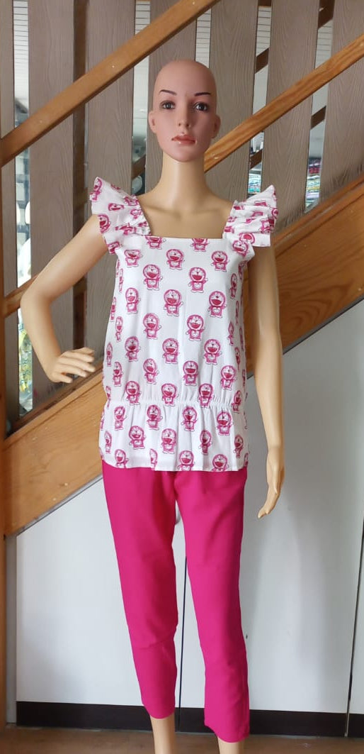 White Doraemon Print Short Top