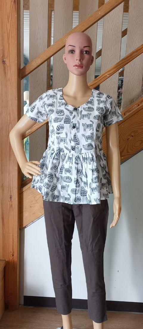 White Animal Print Peplum Short Top
