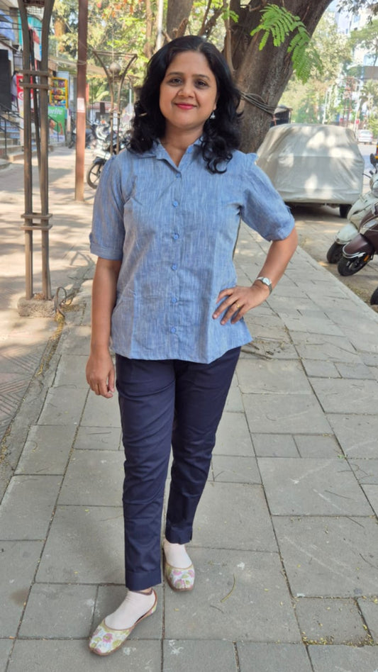 Blue Linen Cotton Sleeveless Shirt
