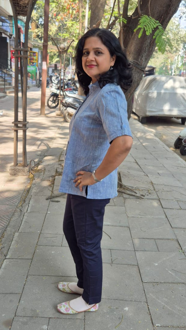 Blue Linen Cotton Sleeveless Shirt