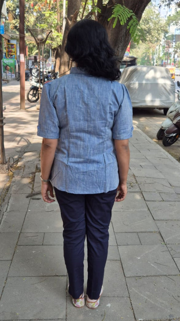 Blue Linen Cotton Sleeveless Shirt
