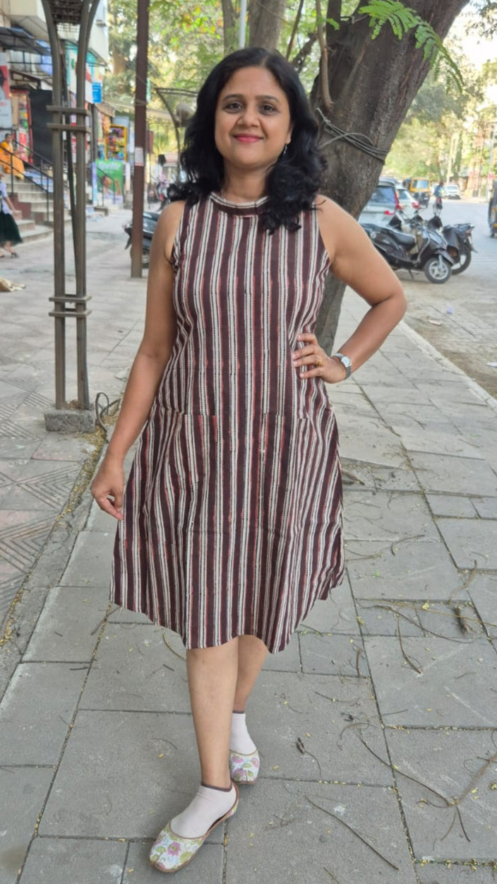 Brown Hand block Dabu Sleeveless One Piece