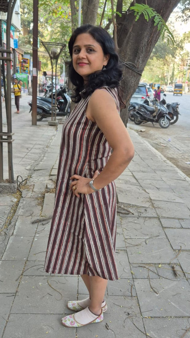 Brown Hand block Dabu Sleeveless One Piece