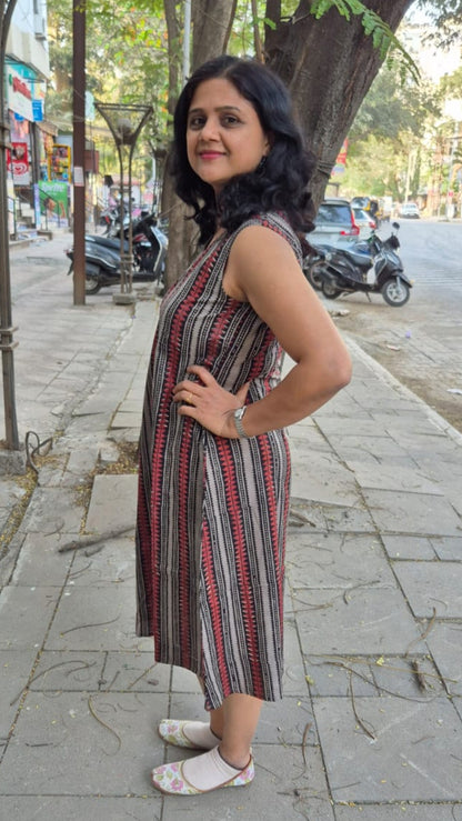 Maroon Hand block Dabu Sleeveless One Piece