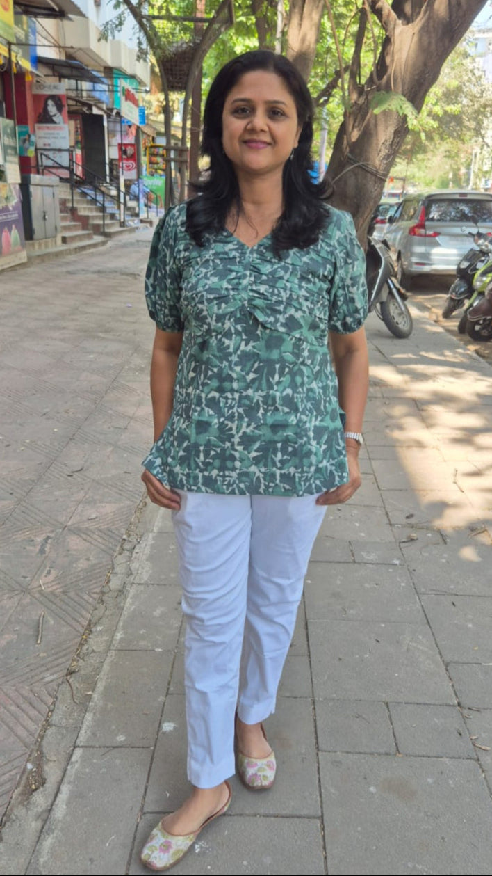 Green Grey Dabu Hand Block Printed Short Top