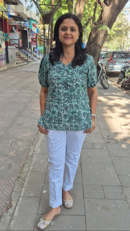 Green Grey Dabu Hand Block Printed Short Top