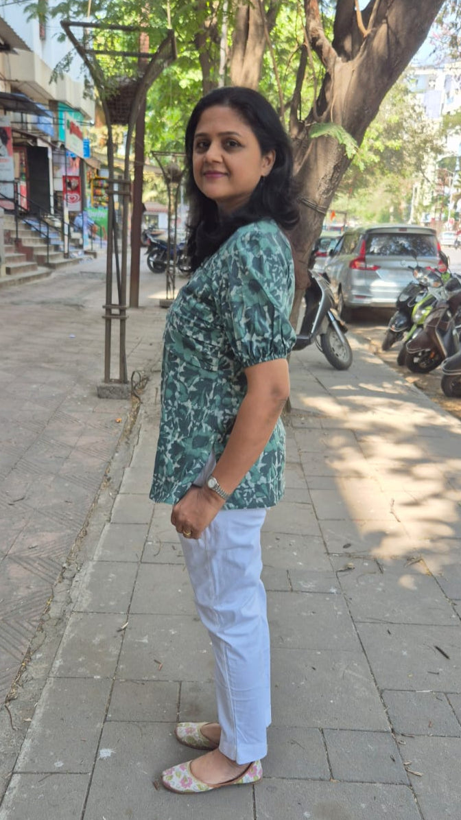 Green Grey Dabu Hand Block Printed Short Top