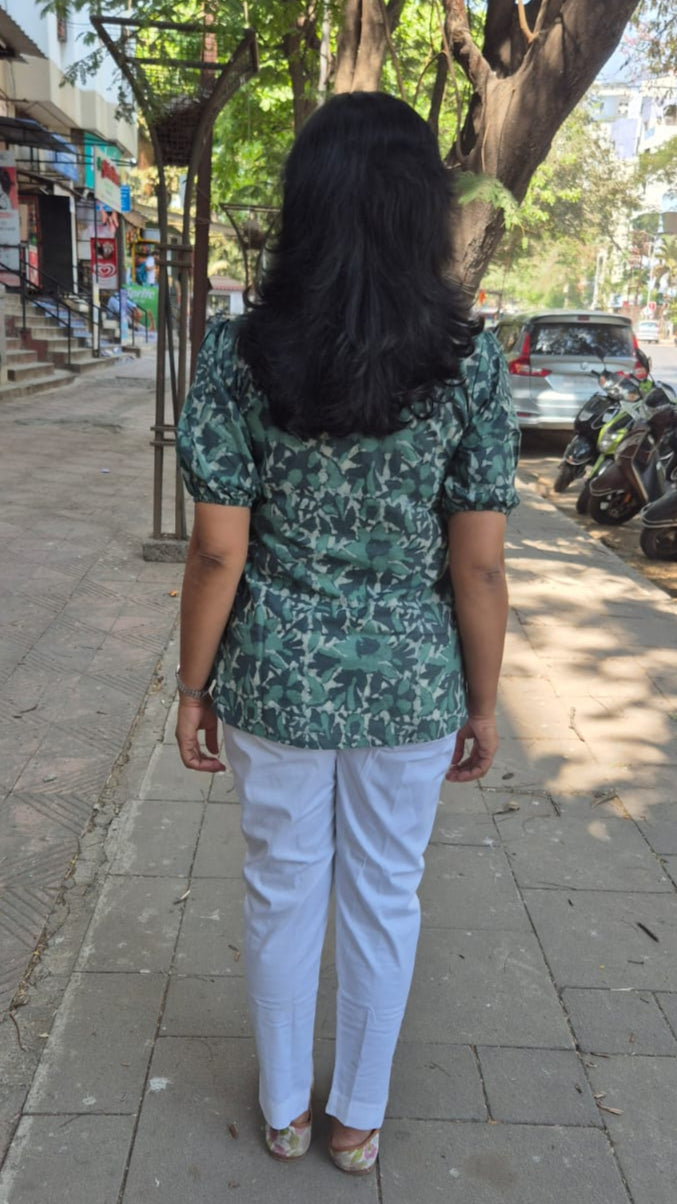 Green Grey Dabu Hand Block Printed Short Top