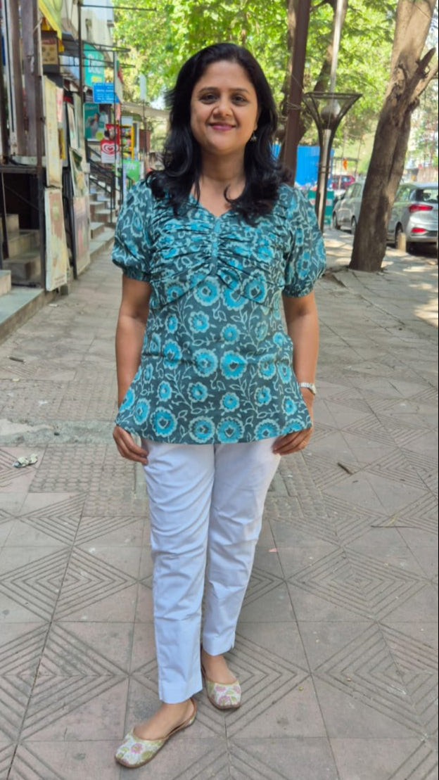 Grey Dabu Hand Block Printed Short Top