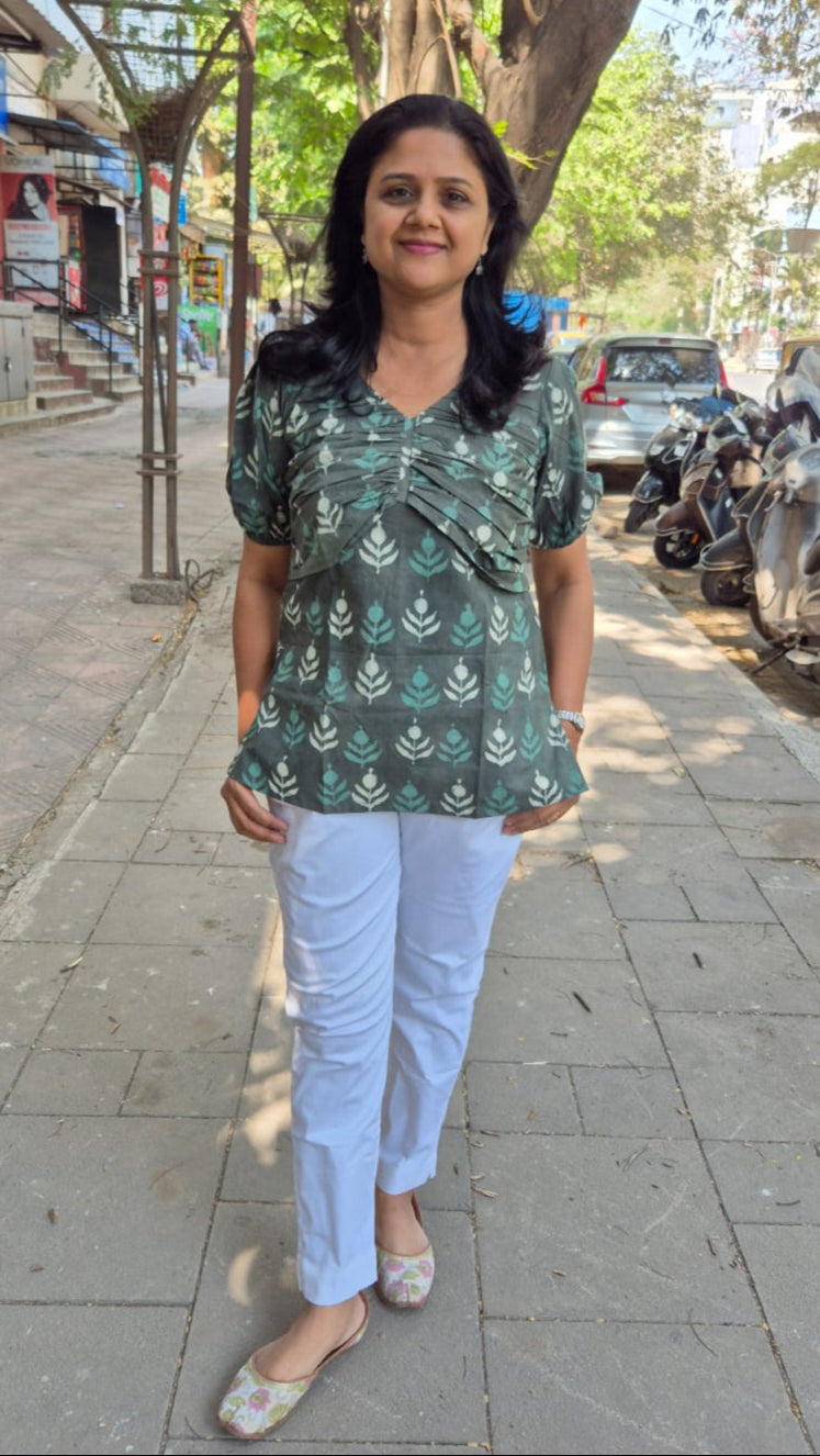 Green Grey Dabu Hand Block Printed Short Top