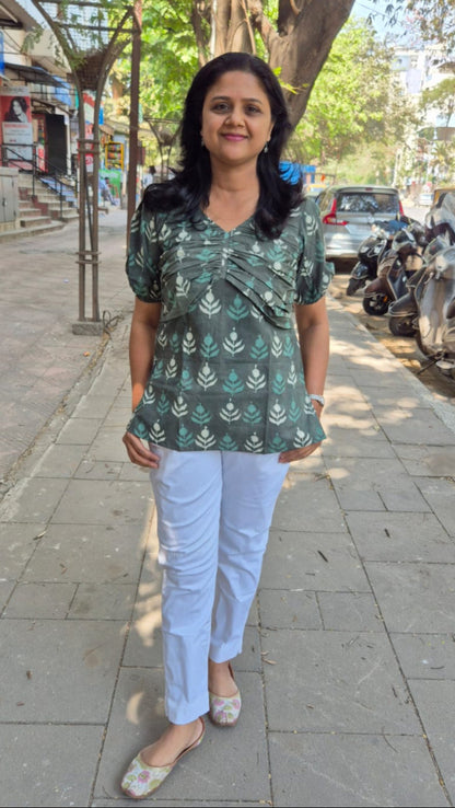 Green Grey Dabu Hand Block Printed Short Top