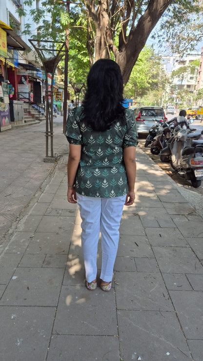 Green Grey Dabu Hand Block Printed Short Top