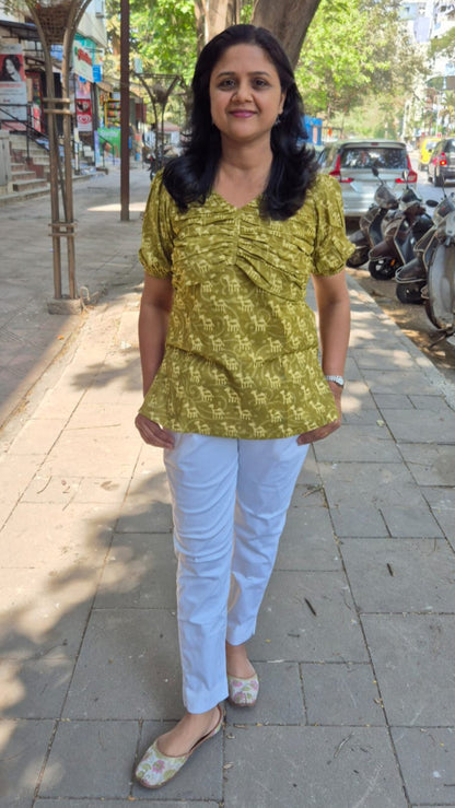 Mehendi Green Dabu Hand Block Printed Short Top