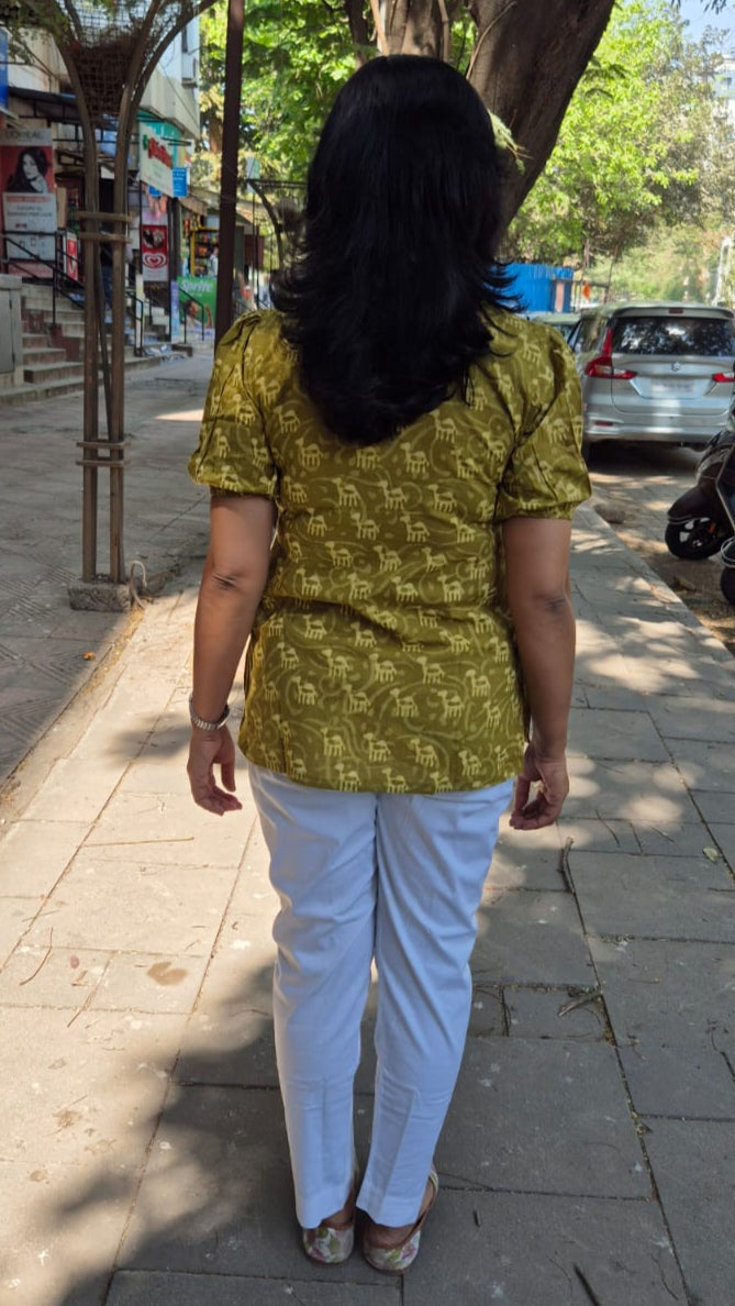 Mehendi Green Dabu Hand Block Printed Short Top