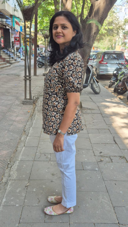 Black Dabu Hand Block Printed Short Top