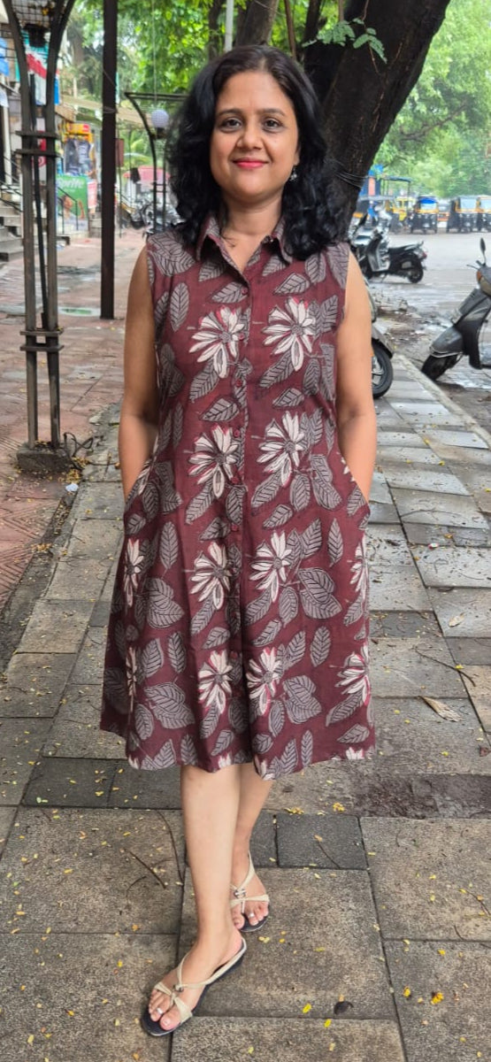 Wine Premium Slub Cotton Knee Length One Piece