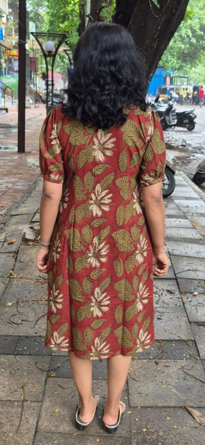 Brick Red Premium Slub Cotton Knee Length One Piece