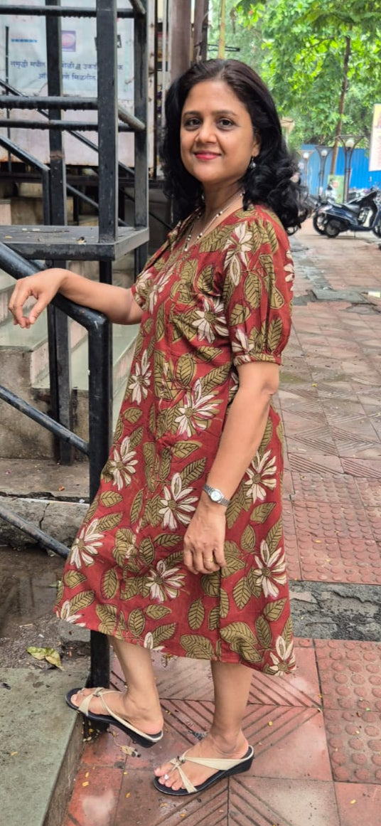 Brick Red Premium Slub Cotton Knee Length One Piece