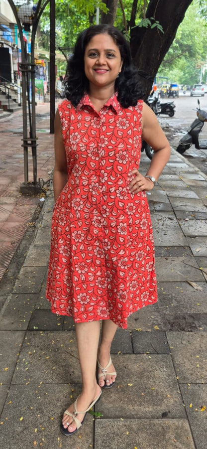 Rust Orange Premium Slub Cotton Knee Length One Piece